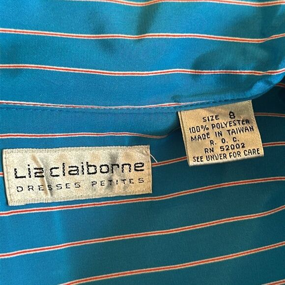 Vtg 80s Liz Claiborne Turquoise with Red & White Pinstripes Short Sleeve Dress - Picture 8 of 9